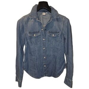 Gap Denim‎ Western Shirt Medium Wash Pearl Snap Button Down XS